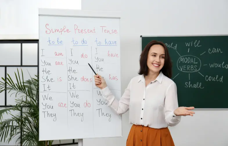 Profesora sonriente señalando una pizarra con reglas de tiempo presente durante una lección para aprender inglés.